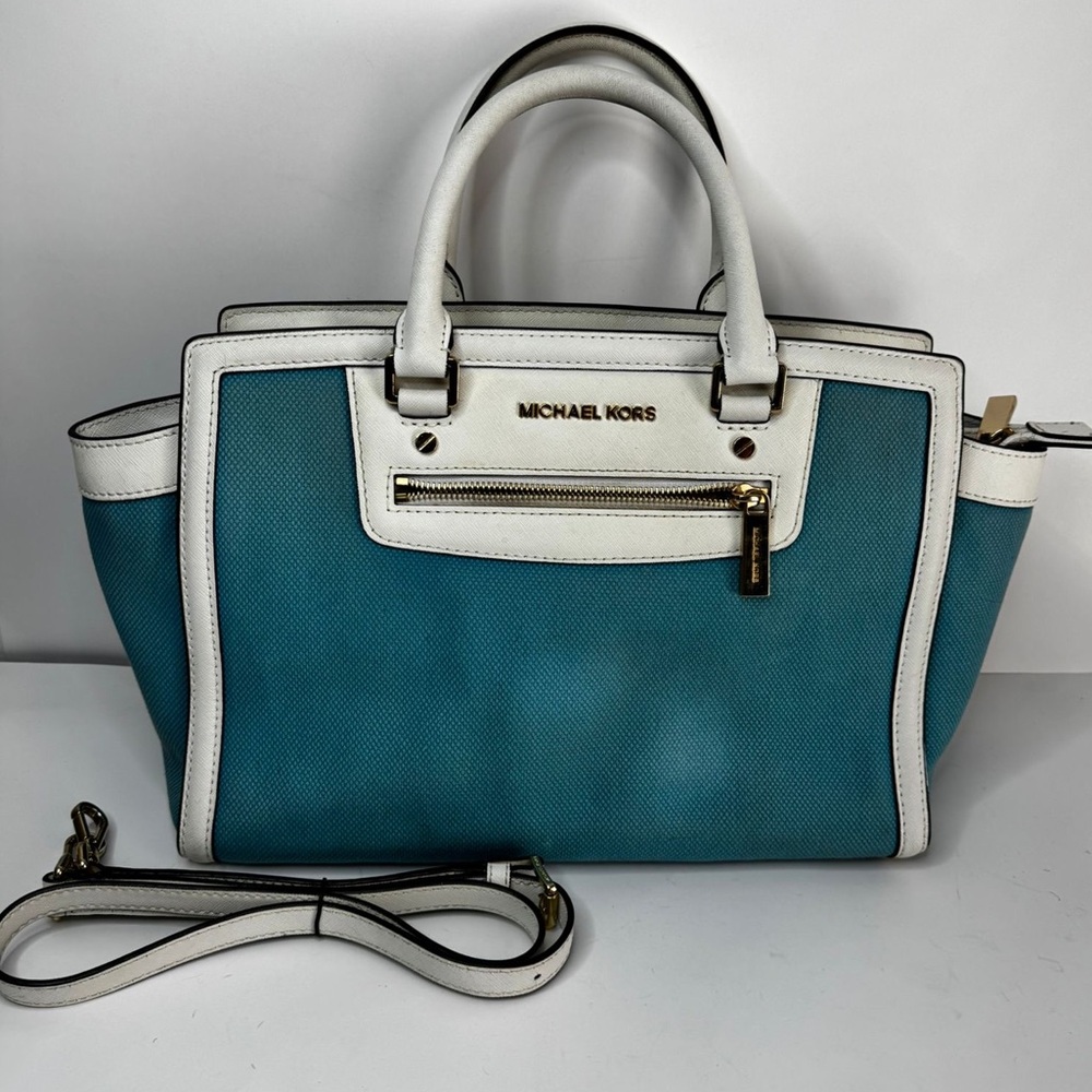Michael Kors Selma Large Top Zip Summer Blue Canvas/Leather Satchel Bag - Picture 2 of 15